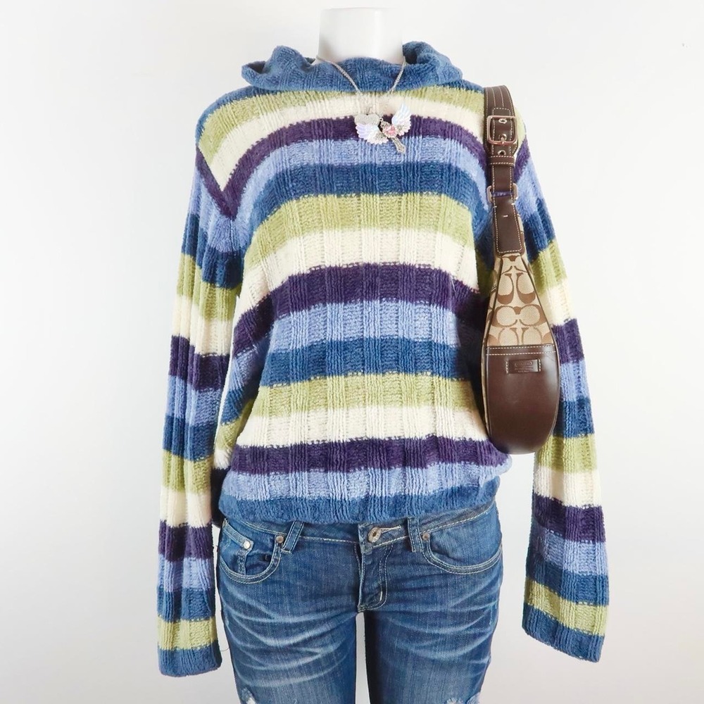 vintage y2k striped chenille hoodie blue green purple 2000s